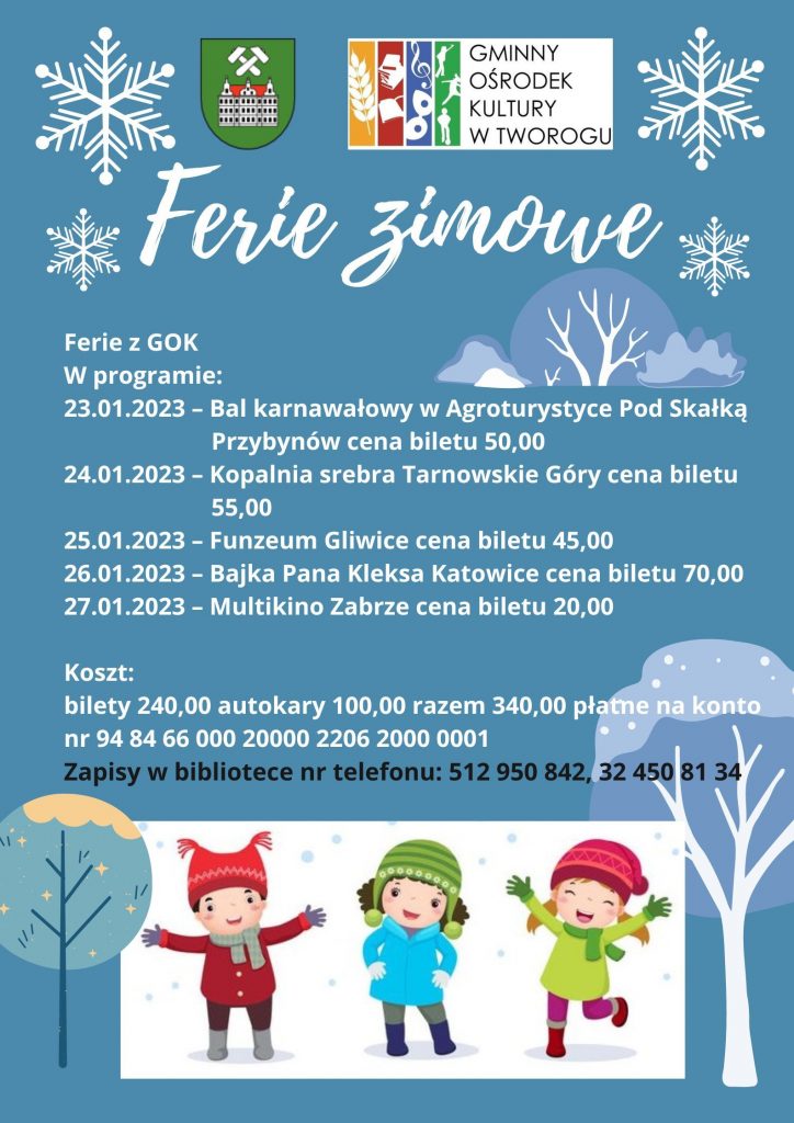 Plakat Ferie zimowe z GOK - informacja o terminie oraz programie