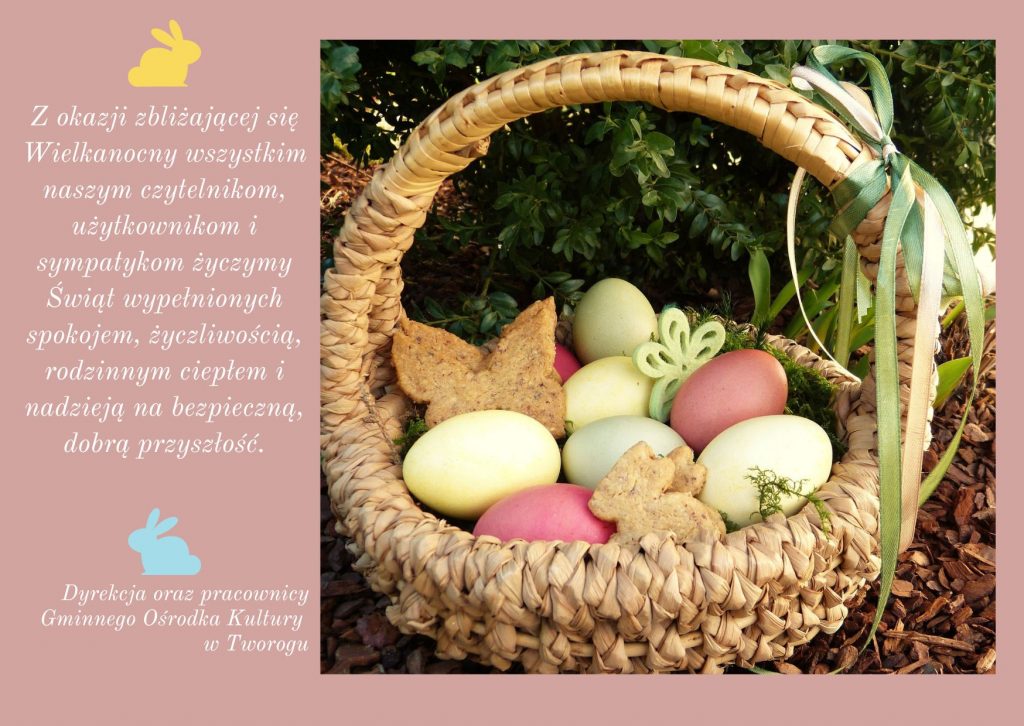 życzenia wielkanocne . Grafika przedstawia koszyk z kolorowymi jajkami, w tle roślinność