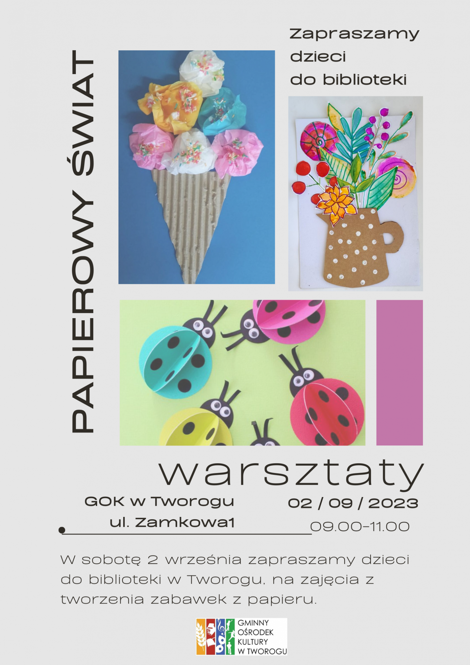 Plakat zajecia dla dzieci papierowy świat, Zabawki z papieru, wazon z kwiatkami , lody i biedronki.