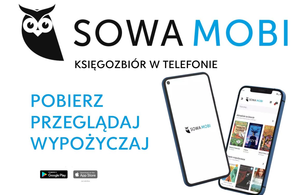 Grafika sowy, Sowa Mobi, zdjecie dwóch smartfonów, aplikacja mobilna.