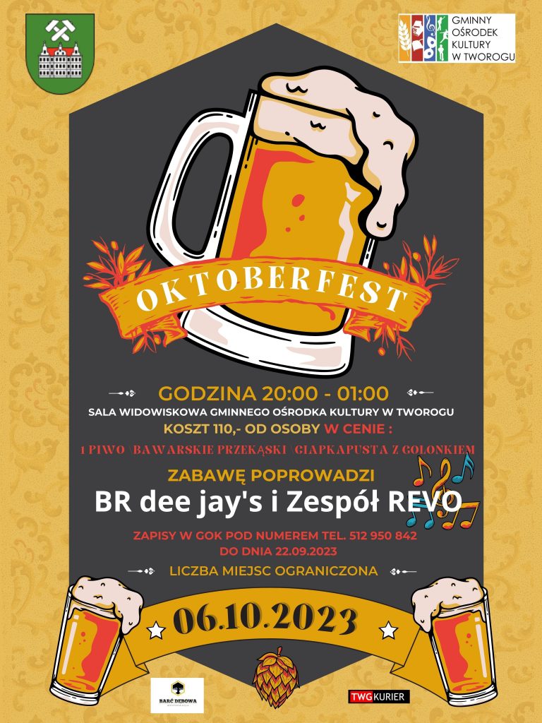 Plakat promujący Oktoberfest w GOK-u  z dominującym elementem graficznym - kuflem piwa. Alternatywa tekstowa powyżej. 