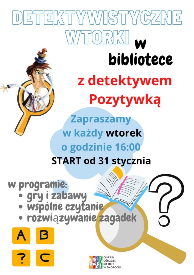 Plakat Detektywistyczne wtorki z detektywem Pozytywką.