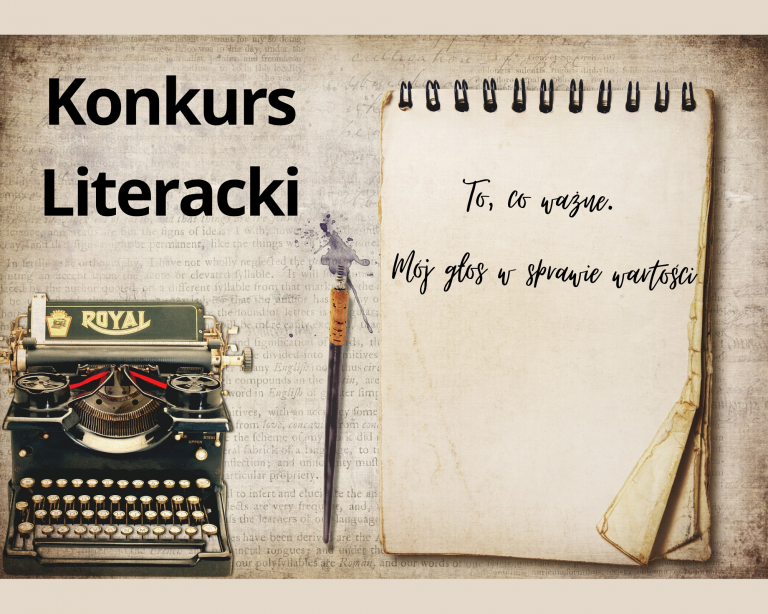 konkurs literacko grafika przedstawiająca mszynę do pisania oraz pożółkły notes