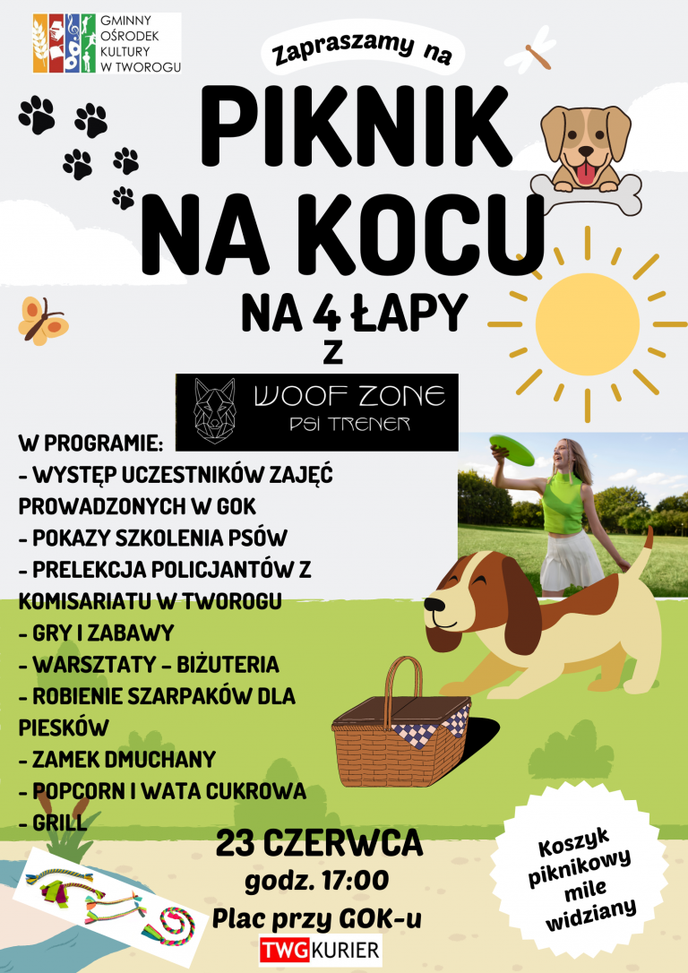 Plakat, Piknik na Kocu na 4 łapy, rysunkowy piesek, dziewczynka łapiąca freesby, szarpaki dla psów, słońce, motylki, ślady łapek pieska.