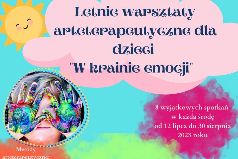 baner plakatu promującego letnie warsztaty arteterapii dla dzieci