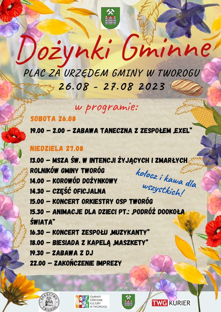 Plakat z programem Dożynek w Tworogu 2023. Tekst alternatywny pod grafiką.