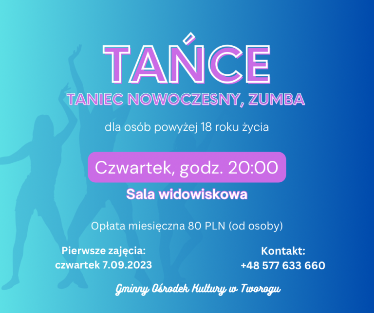 Plakat informacyjny o zajęciach tanecznych. Alternatywa tekstowa poniżej.