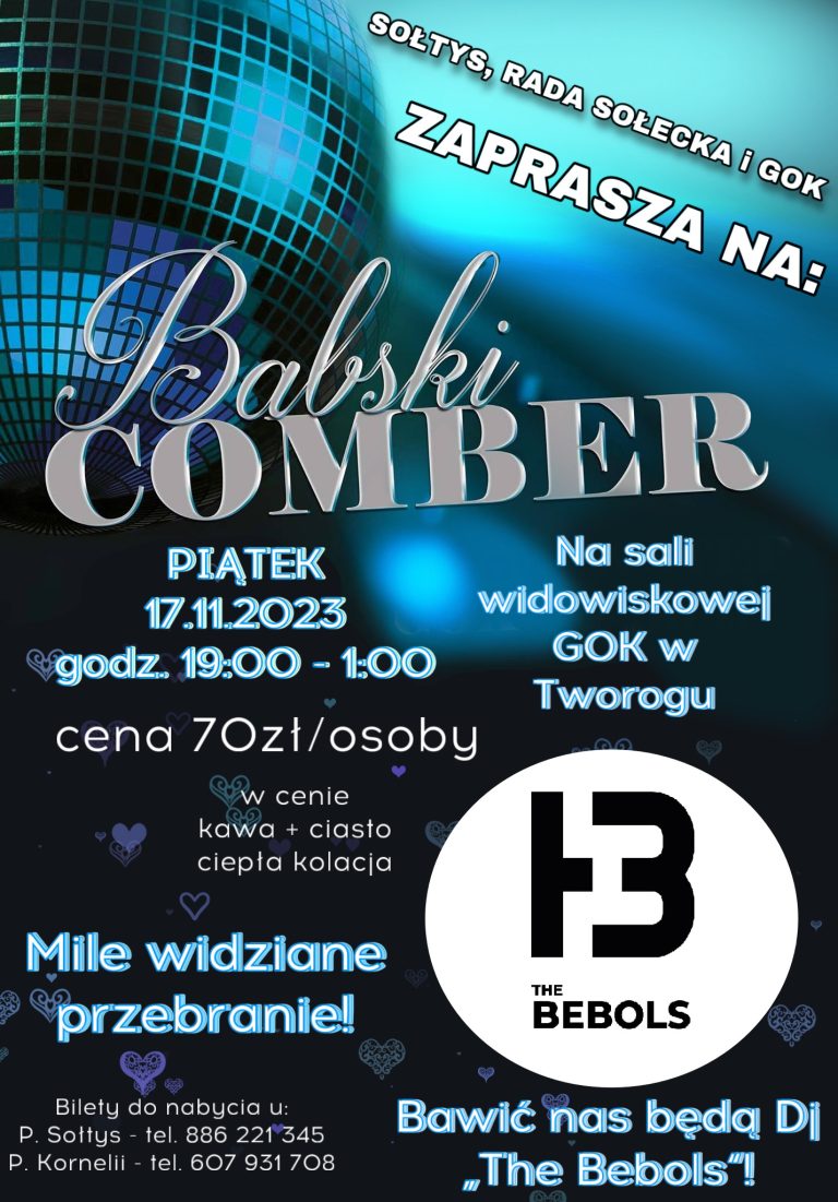 Plakat na zabawę Babski comber niebiesko czarne tło, srebrna kula disco.