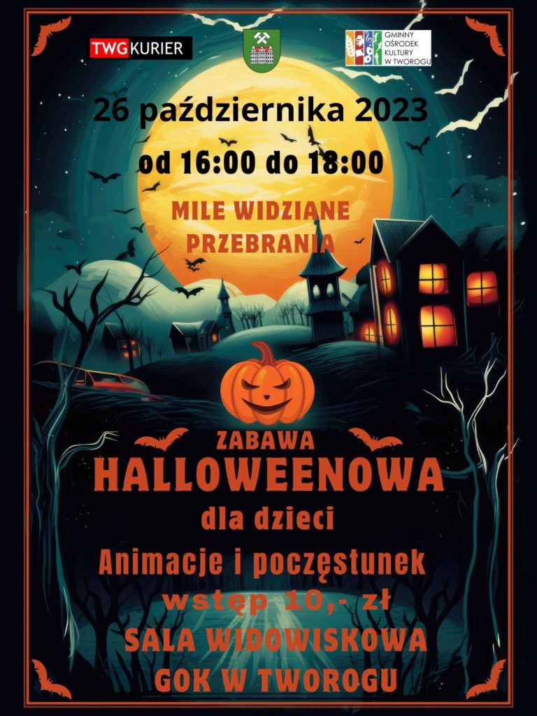 Plakat halloween, ciemne tło, czarny zamek, nietoperze pomarańczowa dynia.