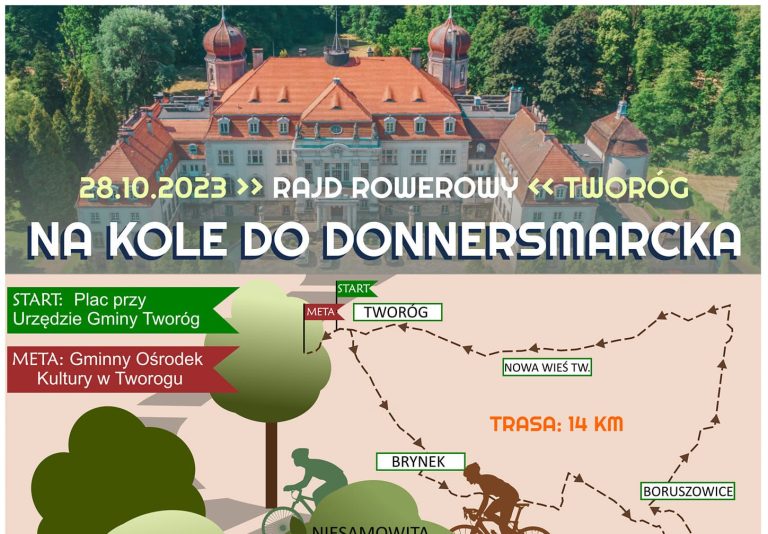 Baner informacyjny dotyczący rajdu rowerowego Na kole do Donnersmarcka. Aletrnatywa tekstowa baneru i plakatu poniżej