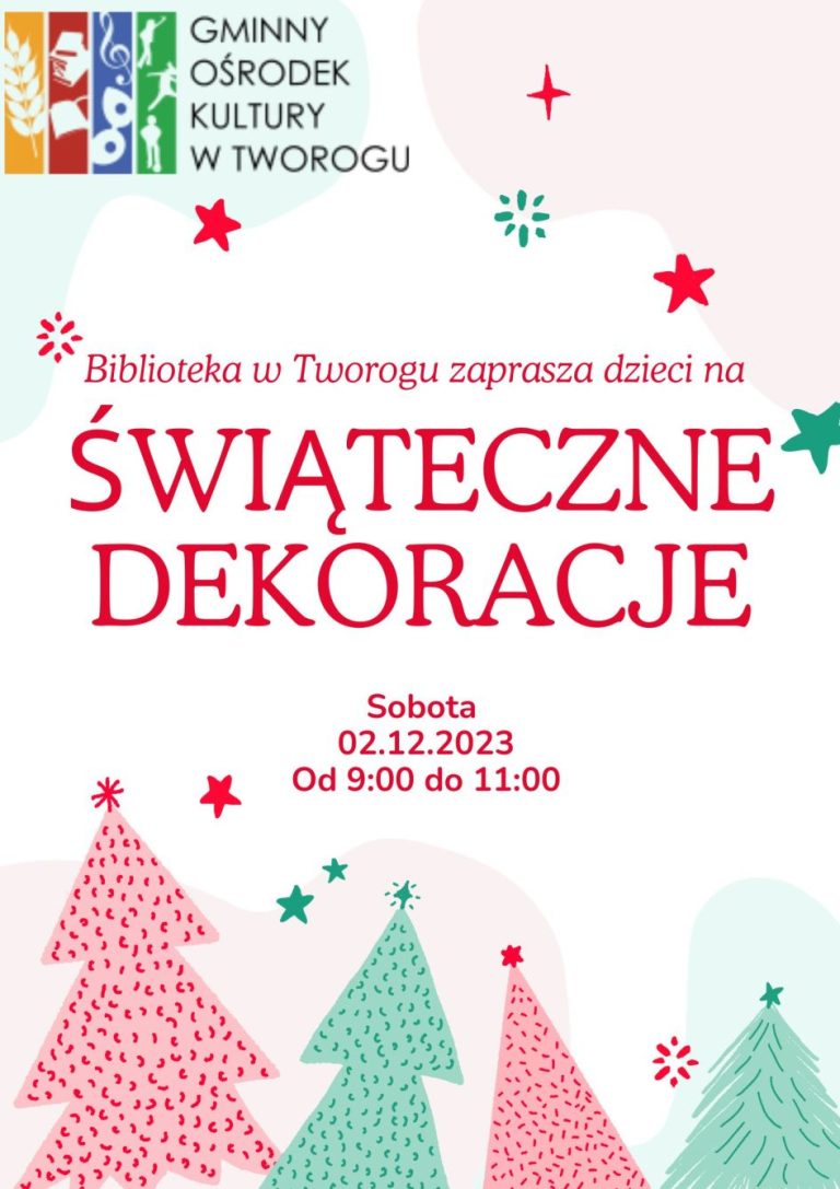plakat z napisem świąteczne dekoracje, narysowane choinki i gwiazdki.