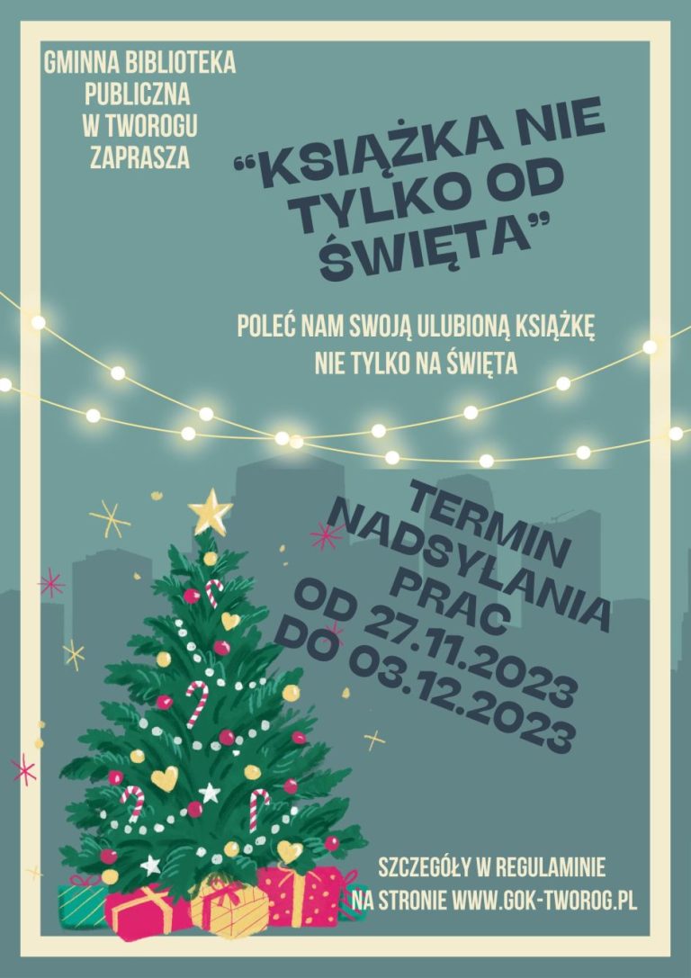 plakat konkursu Książka nie tylko od święta, rysunek zielonej choinki z ozdobami.