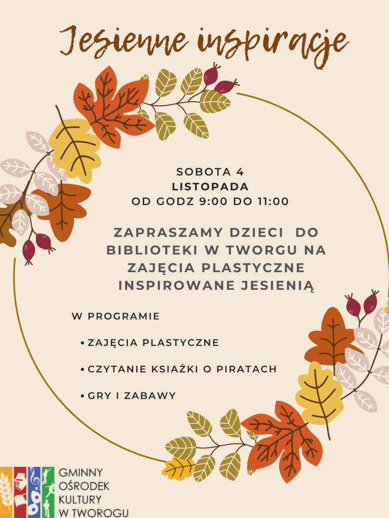 na plakacie liście w kolorach jesieni, czerwone, żółte, szare.