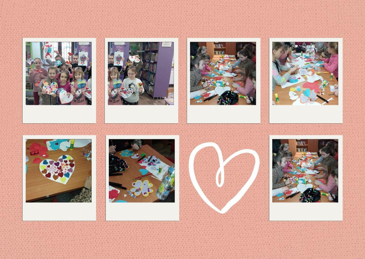 zdjęcia dzieci na zajęciach w bibliotece, tworzących kartki walentynkowe w serduszka.