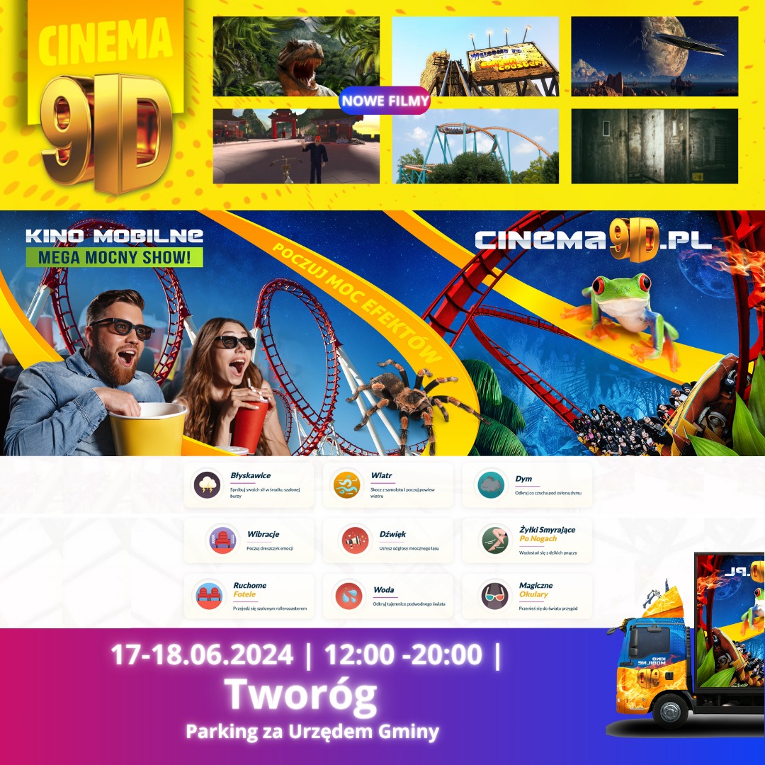 plakat promujący kino 9D w Tworogu. Alternatywa tekstowa poniżej