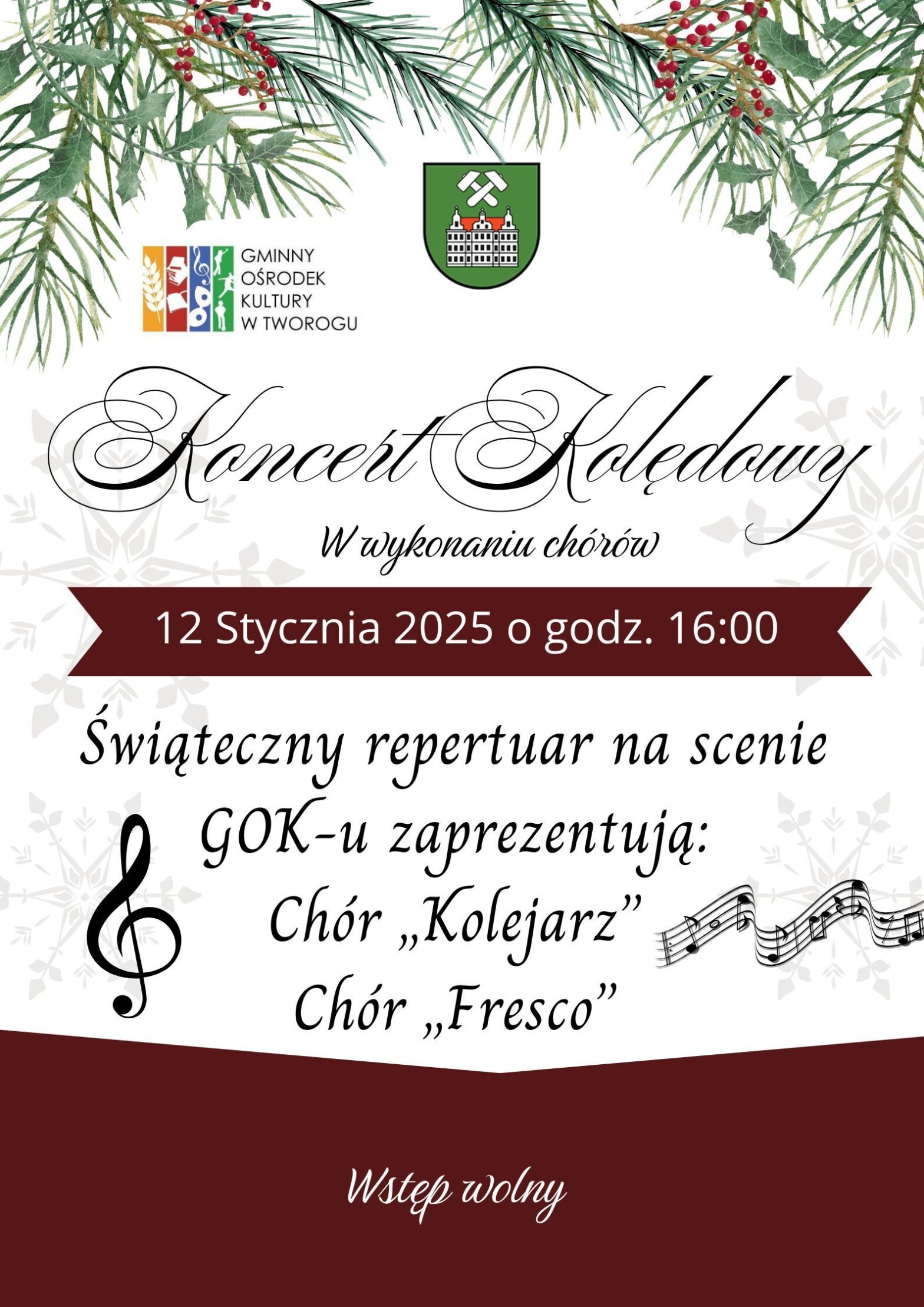 koncert kolędowy - plakat informacyjny z data i godziną koncertu. Alternatywa tekstowa poniżej.