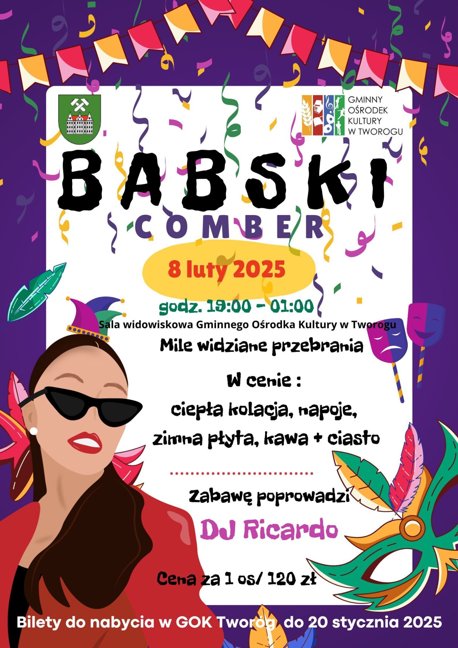 plakat na fioletowym tle promujący babski comber w goku w wtorogu. Alternatywa tekstowa poniżej
