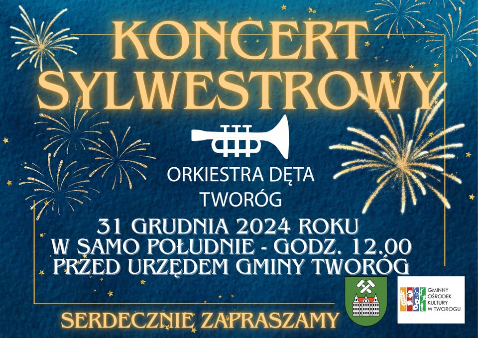 złoty napis na granatowym tle: koncert sylwestrowy. Alternatywa tekstowa poniżej