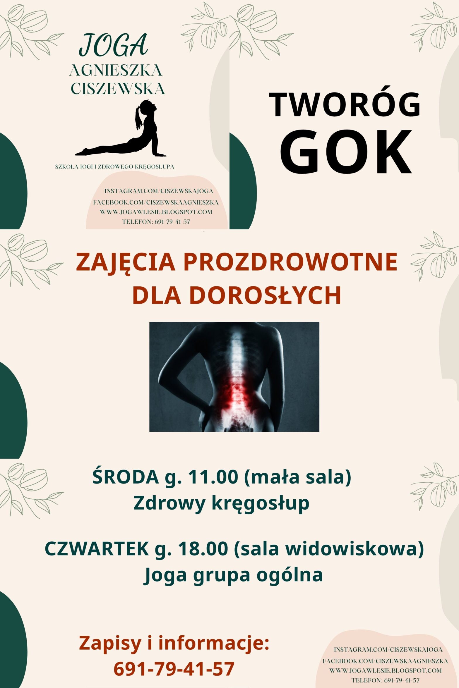 plakat informujący o zajęciach (joga i zdrowy kręgosłup) w gok-u w tworogu. Alternatywa tekstowa poniżej