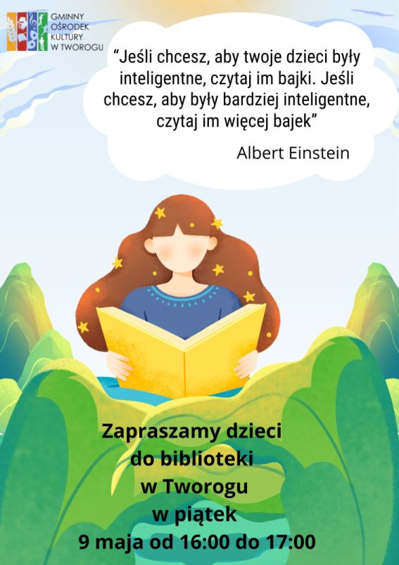 Plakat, błękitne niebo, dziewczyna z długimi brązowymi włosami czyta książkę siedząc po turecku dookoła zielone liście i pagórki. tekst alternatywny poniżej.
