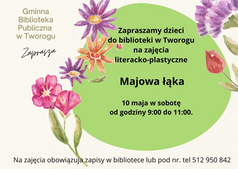 Plakat, na zielonym tle czerwone i pomarańczowe kwiatki. Tekst alternatywny ponizej.