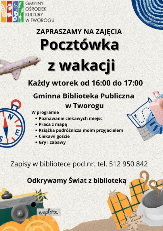 Plakat zapraszajacy na zajecia w bibliotece pt.: "Pocztówka z wakacji" Tekst alternatywny ponizej