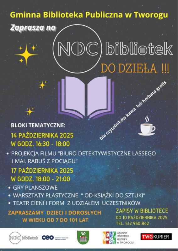 Plakat granatowe niebo, otwarta książka (grafika), filiżanka kawy - grafika, tekst alternatywny poniżej.