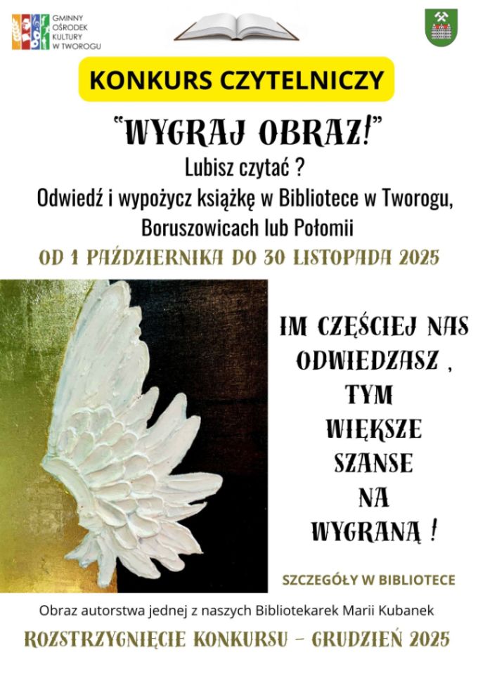 Plakat Konkurs Czytelniczy, na plakacie zdjęcie obrazu przedstawiającego skrzydło anioła na złoto czarnym tle. Tekst alternatywny poniżej.