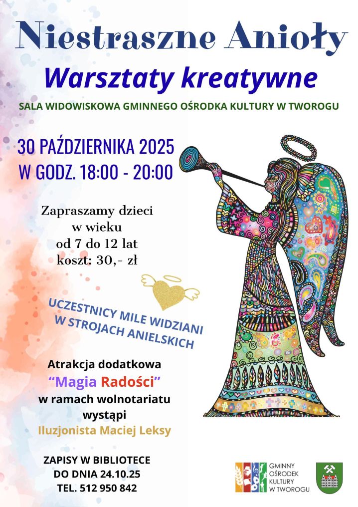 Plakat promujacy warsztaty anielskie, tekst alternatywny ponizej. Na plakacie na białym tle kolorowy anioł grający na trabce