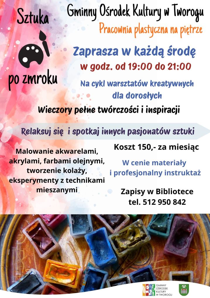 Plakat promujacy warsztaty malarskie dla dorosłych, tekst alternatywny poniżej.