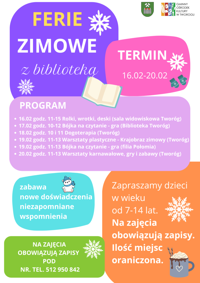 Plakat z programem ferii zimowych z biblioteka tekst alternatywny ponizej