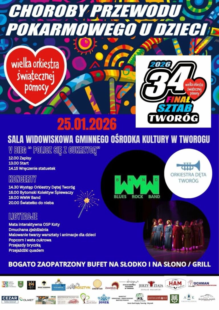 Plakat WOŚP, 2026 34 finał sztab Tworóg Plan wydarzenia tekst alternatywny poniżej.