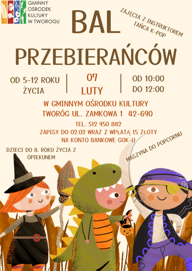 Plakat na bal przebierańców, na beżowym tle rysunkowe dzieci w przebraniach, czarownica, krokodyl, pirat tekst alternatywny ponizej.