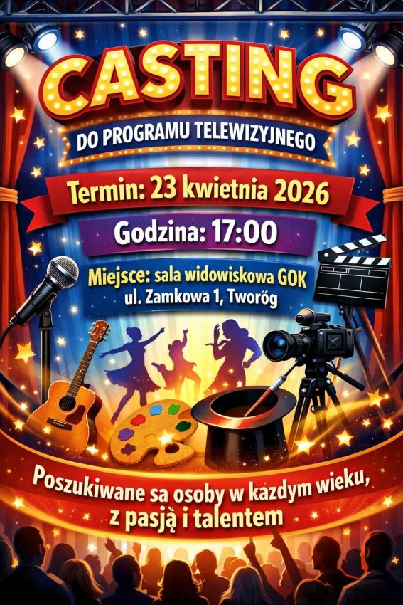 Plakat na Casting do teleturnieju, tekast alternatywny ponizej. na plakacie gitara akustyczna kapelusz czarny, kamera telewizyjna, paleta malarska mikrofon, tańczące cienie sylwetki kobiety i mężczyzny. kolorystyka czerwona niebieska złota fioletowa