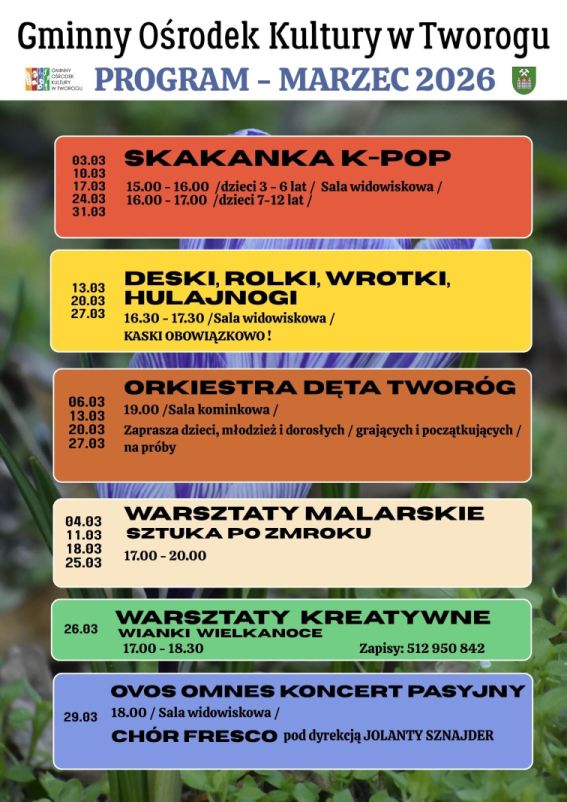Plakat z programen imprez na marzec 2026 w GOKu. Kolory pomarańczowy, zielony, żółty, berzowy w tle krokus na trawie. tekst alternatywny poniżej.