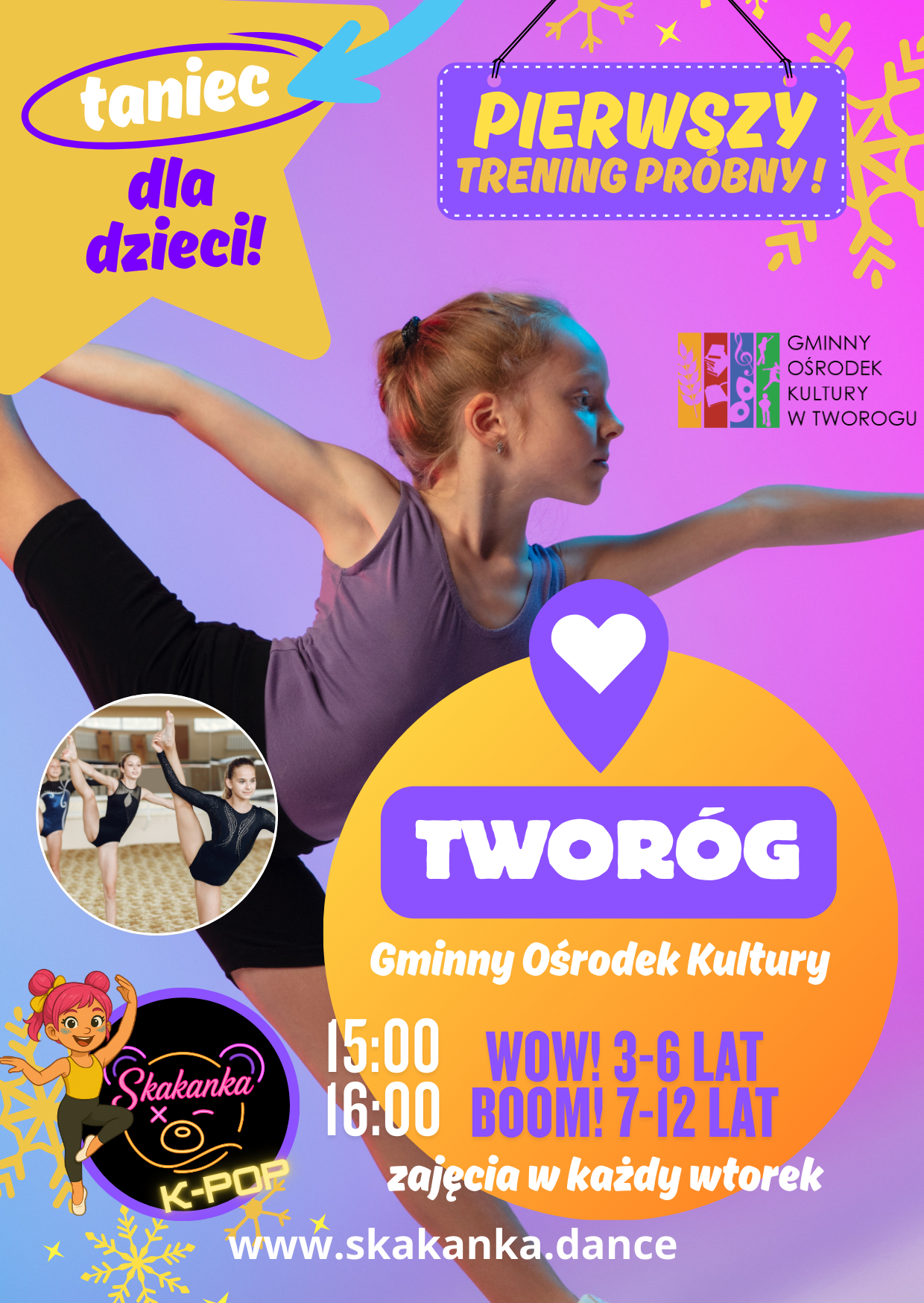 plakat w kolorach fioletowym i pomarańczowym, na środku dziewczynka w pozie baletowej. plakat zaprasza na zajecia taneczne. tekst alternatywny poniżej.