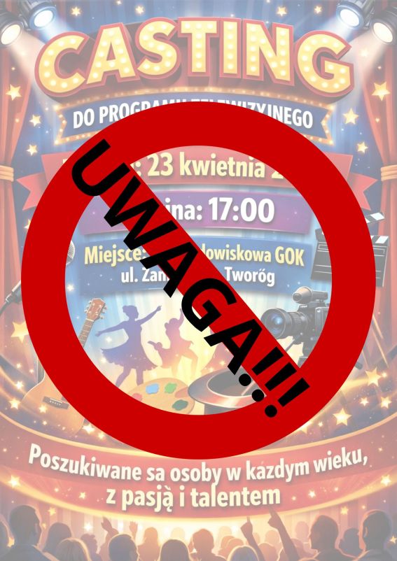 Plakat na Casting do teleturnieju, tekast alternatywny ponizej. na plakacie gitara akustyczna kapelusz czarny, kamera telewizyjna, paleta malarska mikrofon, tańczące cienie sylwetki kobiety i mężczyzny. kolorystyka czerwona niebieska złota fioletowa. na środku duży cvzerwony znak zakazu z czarnym napisem uwaga!!!