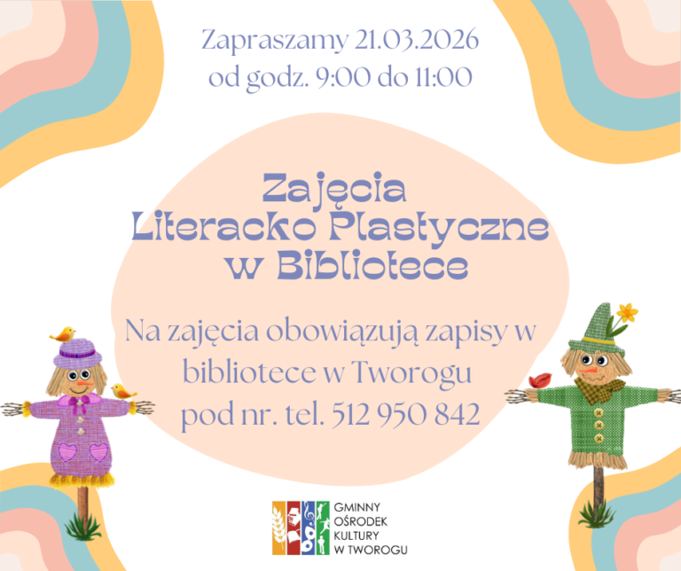 plakat zpraszajacy na zajecia literacko plastyczna w bibliotece. na plakacie rysunki dwóch strachów na wróble w kolorze zielonym i fioletowym. tekst alternatywny ponizej