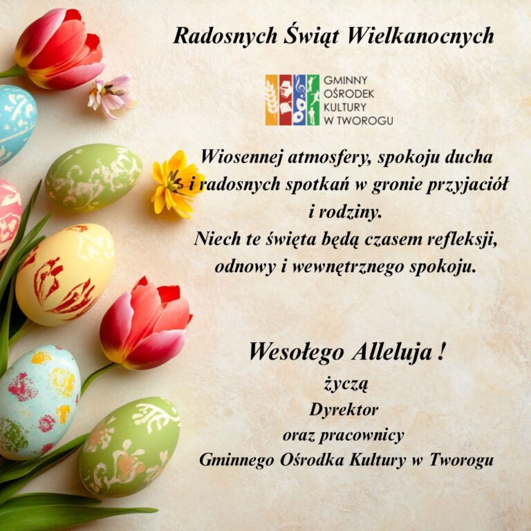 Kartka świąteczna z życzeniami na wielkanoc, w kolorach beżu, pisanki zielone, żółte i błękitne. Wiosennej atmosfery, spokoju ducha i radosnych spotkań w gronie przyjaciół i rodziny. Niech te święta będą czasem refleksji, odnowy i wewnętrznego spokoju. Wesołego Alleluja! życzą Dyrektor oraz pracownicy Gminnego Ośrodka Kultury.