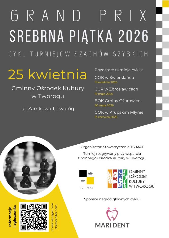 Srebrna Piątka 2026 - Tworóg Plakat zapraszający na turnirj szachowy. Tekst alternatywny poniżej.