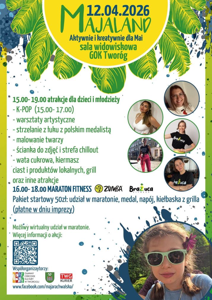 Plakat biało zielony Maraton Fitness Majaland. tekst alternatywny poniżej.