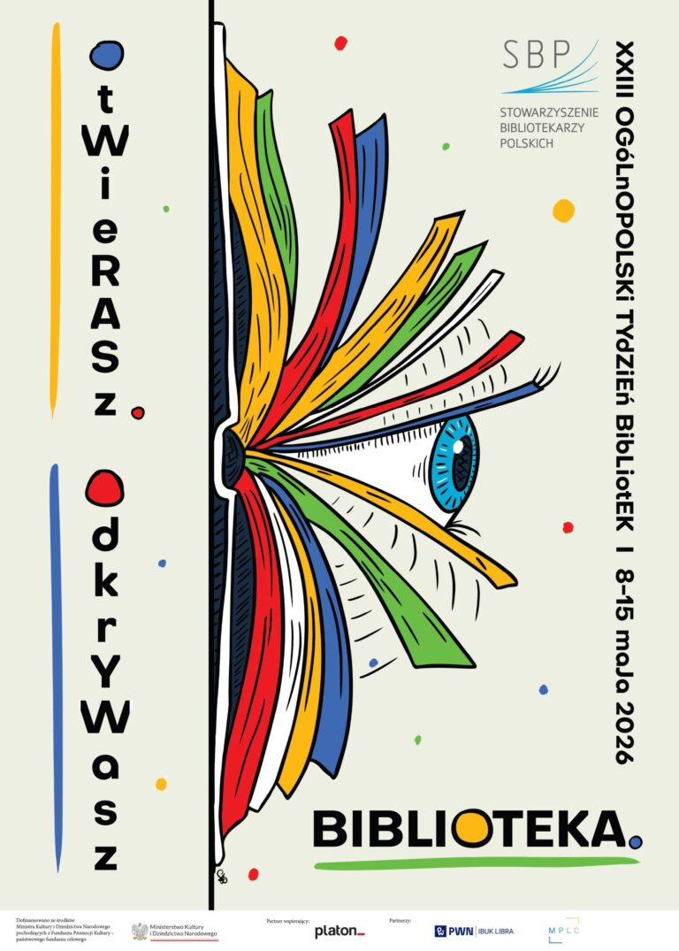 Plakat promujący Tydzień Bibliotek 2026 pod hasłem „Otwierasz, odkrywasz” ma jasną, przyjazną i inspirującą formę. Tło jest utrzymane w ciepłych, spokojnych kolorach — dominują odcienie jasnego beżu, kremu. Z lewej strony znajduje się duża ilustracja otwartej książki. Z wnętrza książki „wydobywa się” oko. Całość sprawia wrażenie lekkiej i otwartej przestrzeni. Plakat budzi skojarzenia z ciekawością, odkrywaniem nowych światów oraz dostępnością wiedzy dla każdego, kto „otworzy” książkę.