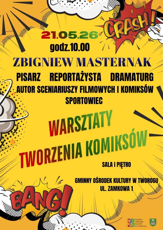 Plakat w koloże mocnym żółtym, w komiksowym stylu informujacy o zajęciach z tworzenia komiksów. Tekst alternatywny poniżej.