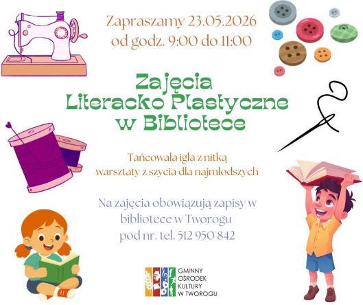Na białym tle grafika maszyny do szycia, szpulki nici, igła, guziki, dwoje dzieci z książkami, tekst alternatywny poniżej