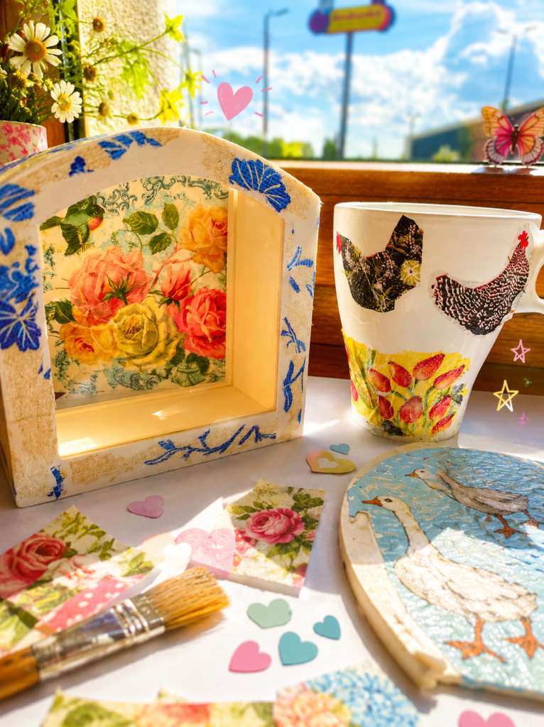 Słoneczny kącik decoupage z kwiatami